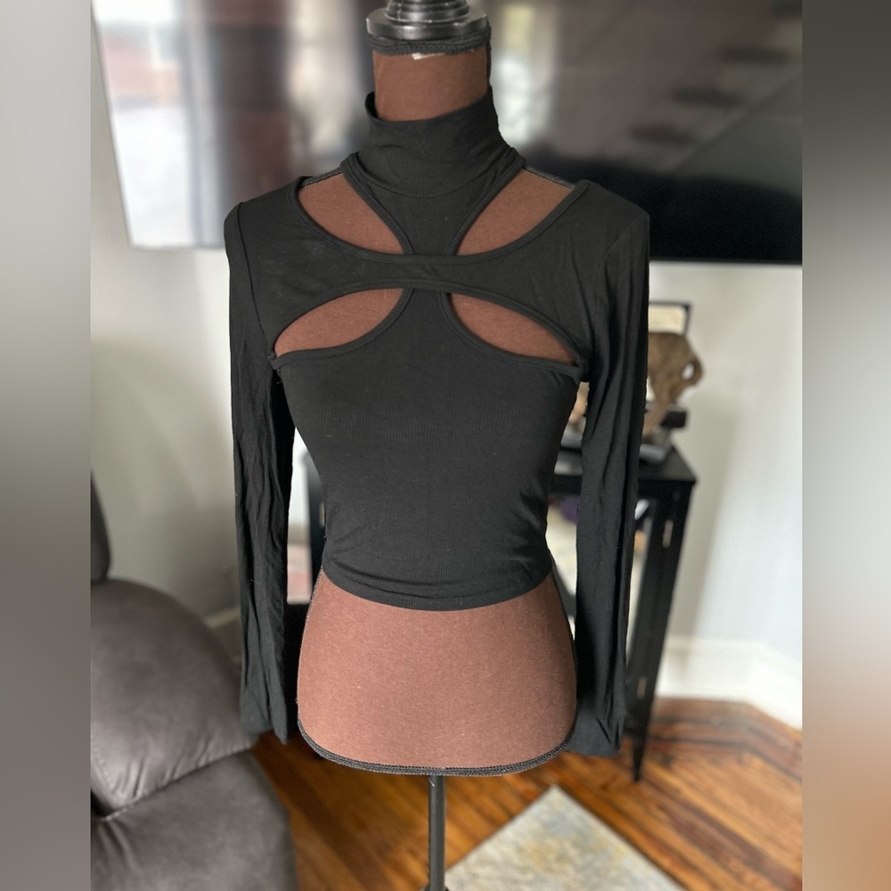 H:ours By Revolve Black Cutout Turtleneck Top Cropped
